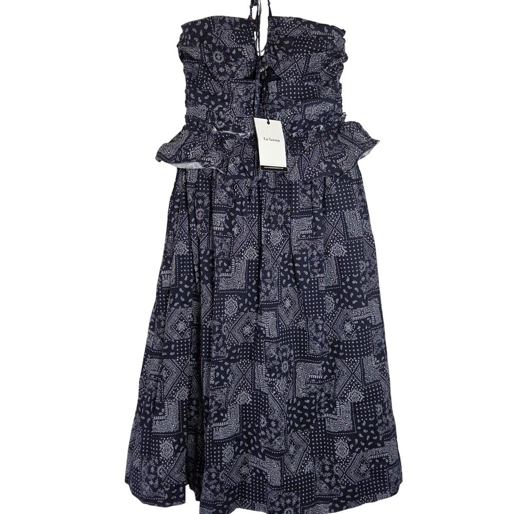 NWT En Saison Strapless Midi Dress Smocked‎ Bandana Print Boho Tie Back L